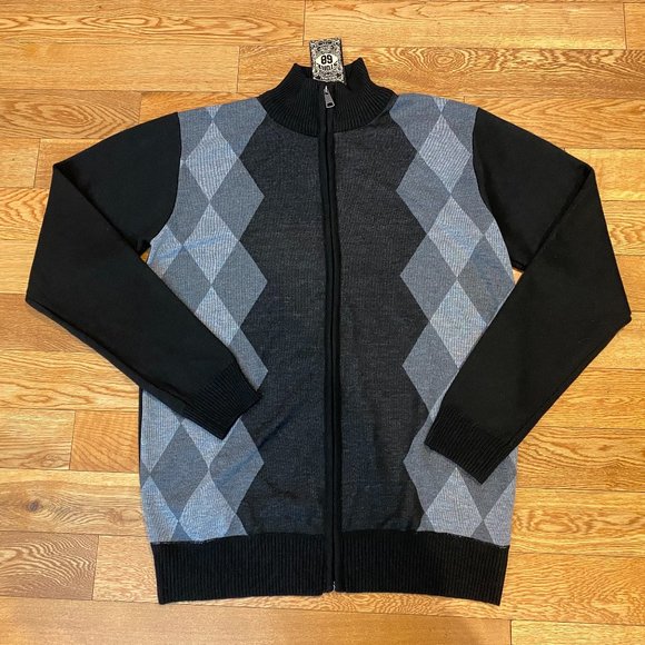 Store 68 Diamond Argyle Full Zip Cardigan Knit Sweater Mock Neck Large L NWT - Picture 1 of 9